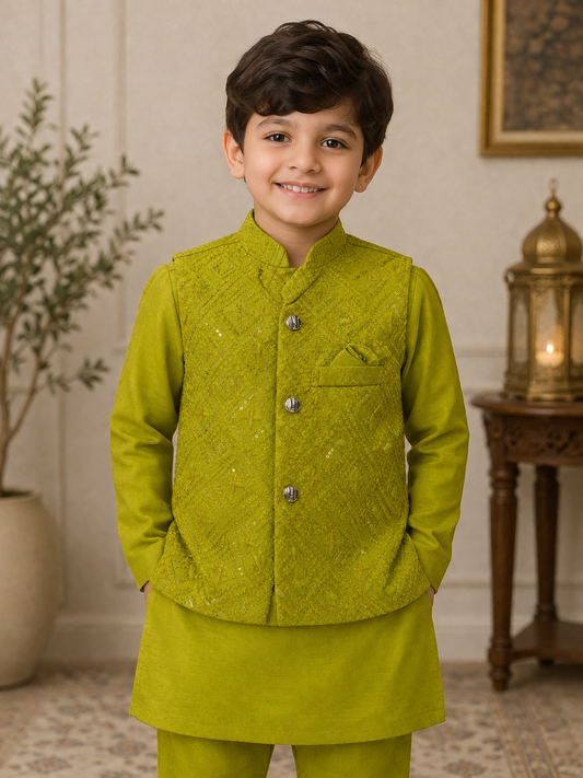 Waistcoat Suits Kids Mehndi Green 01