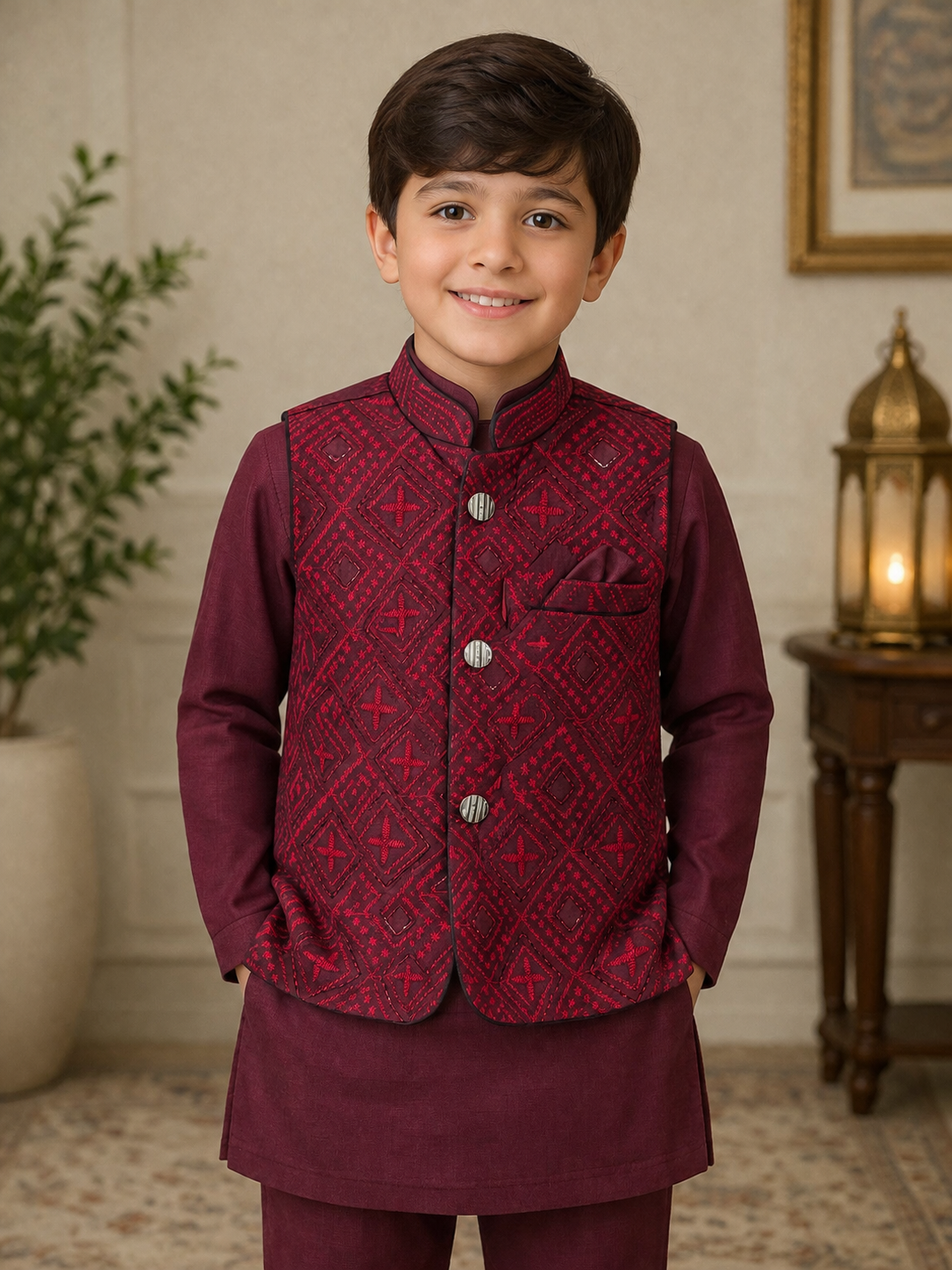 Kids Waistcoat Suits Maroon 01