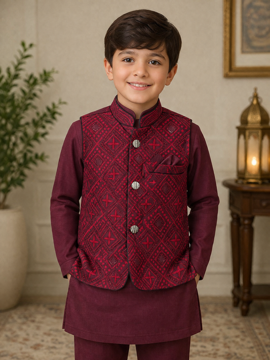 Kids Waistcoat Suits Maroon 01